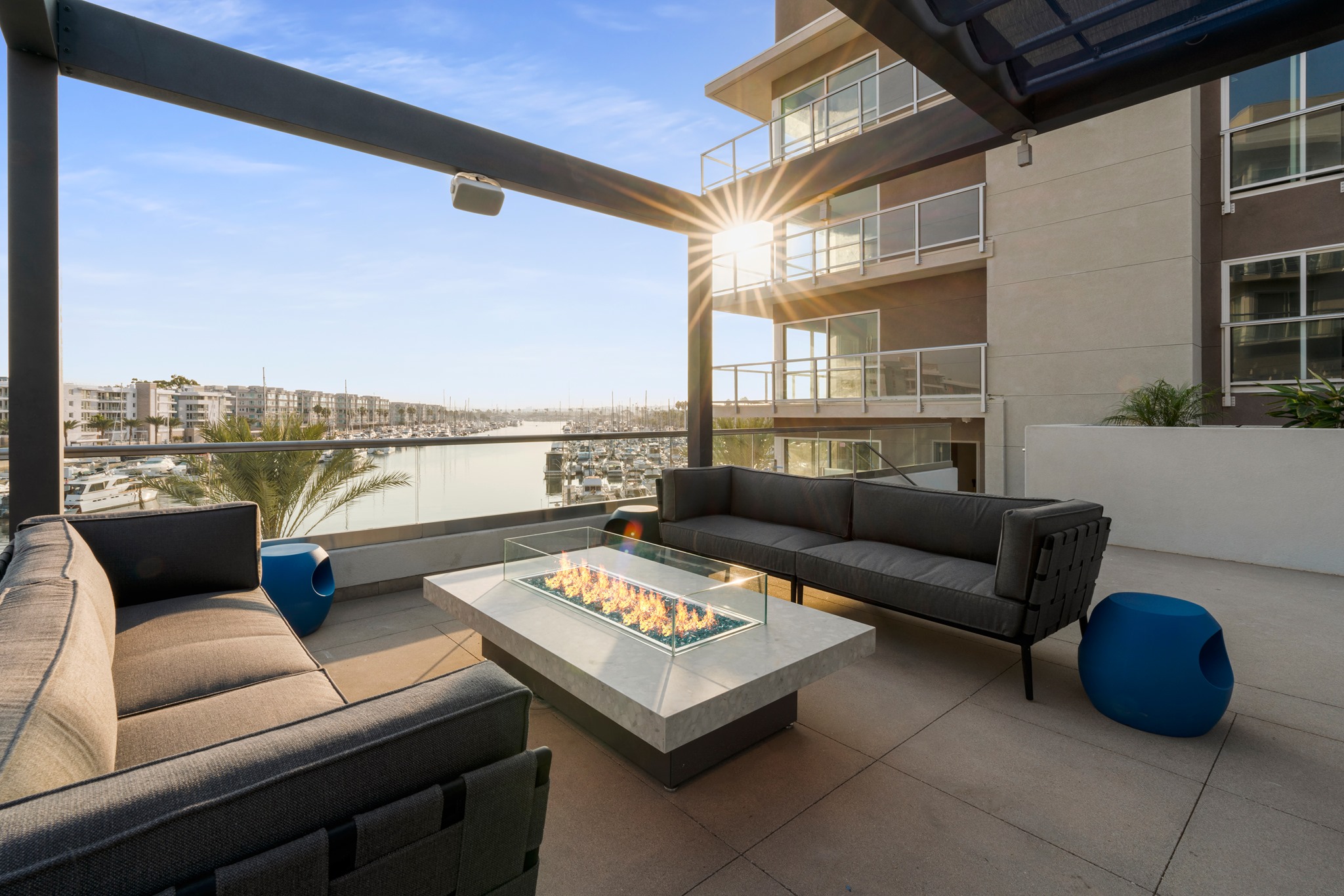 Outdoor fire pit table on Terrace Deck at Courtyard Hotel and Residence Inn Marina del Rey