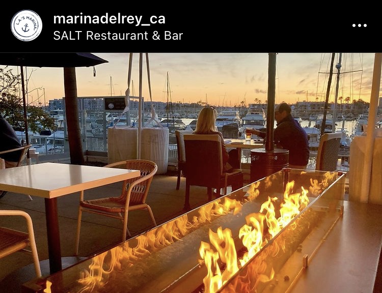 fire pit table and restaurant view of sunset from SALT Restaurant in Marina del Rey