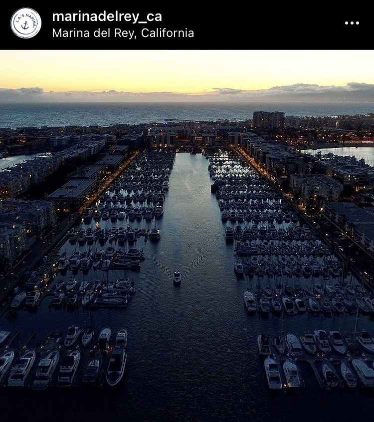 Aerial view as the sun sets over Marina del Rey