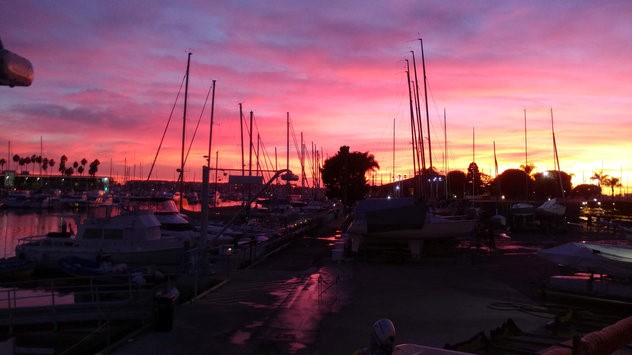 View of sunset and harbor in Marina del Rey from The Warehouse Restaurant