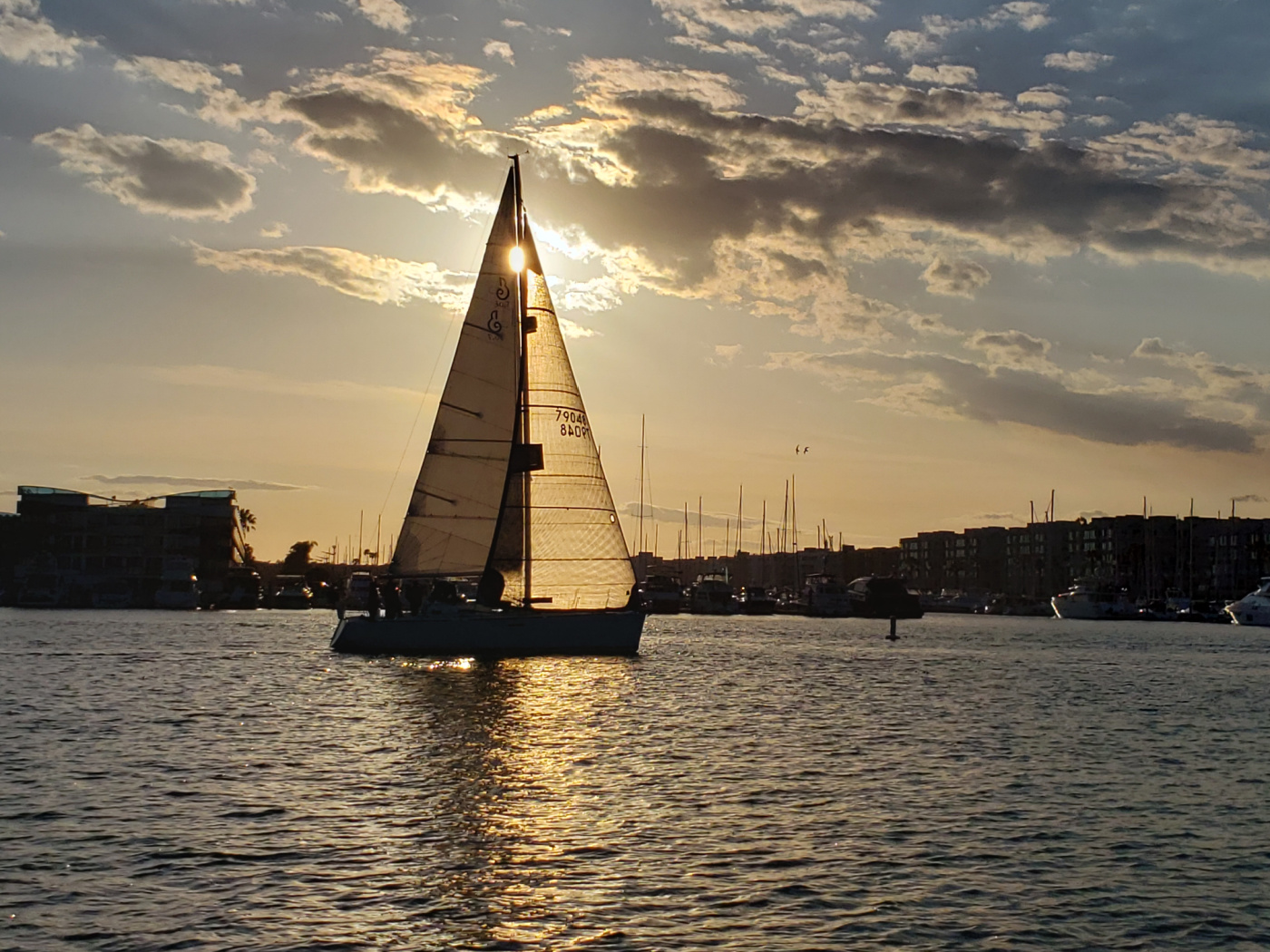 Sailboat in Marina del Rey channel during sunset with clouds