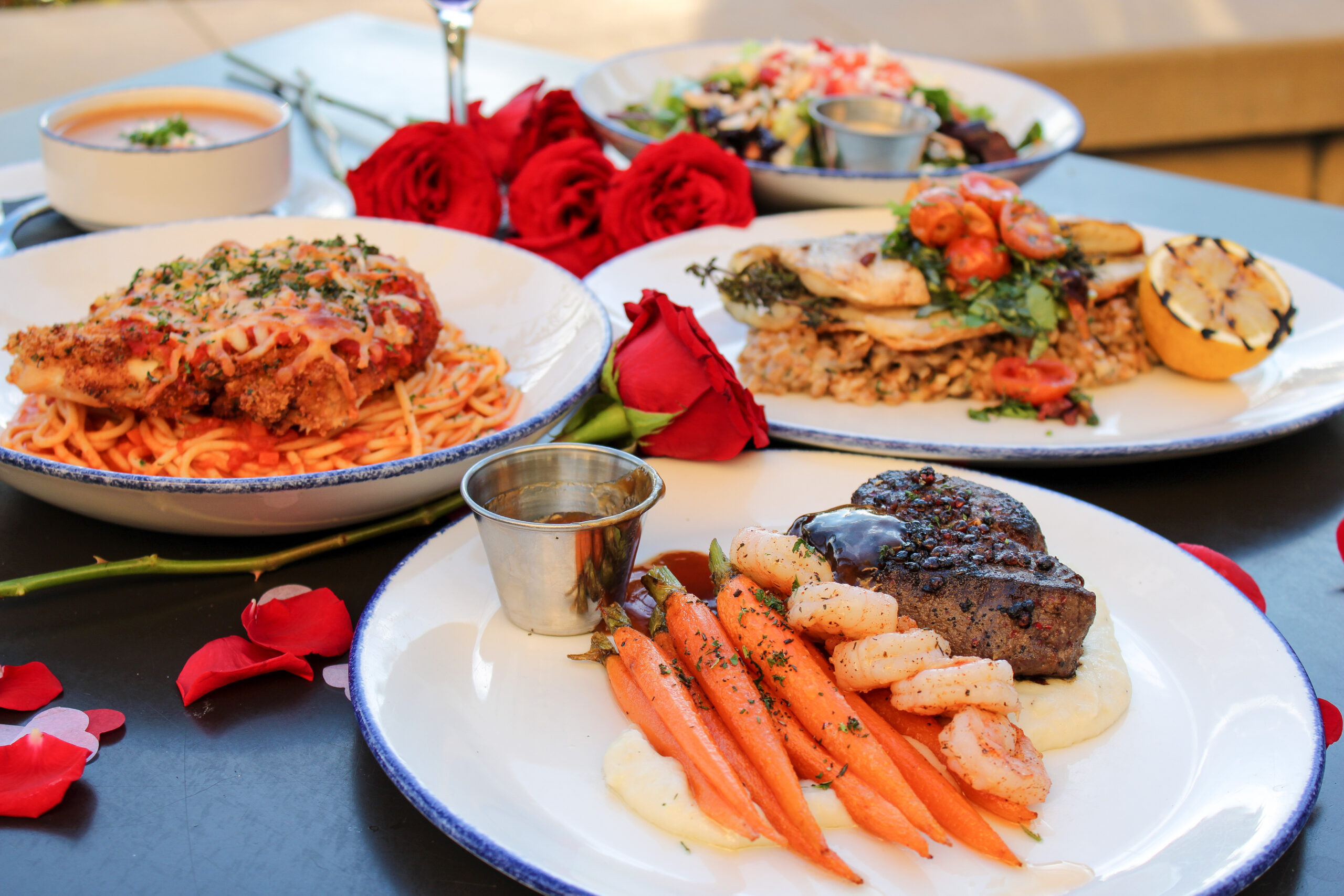 Valentine's Day dinner special with plates of food