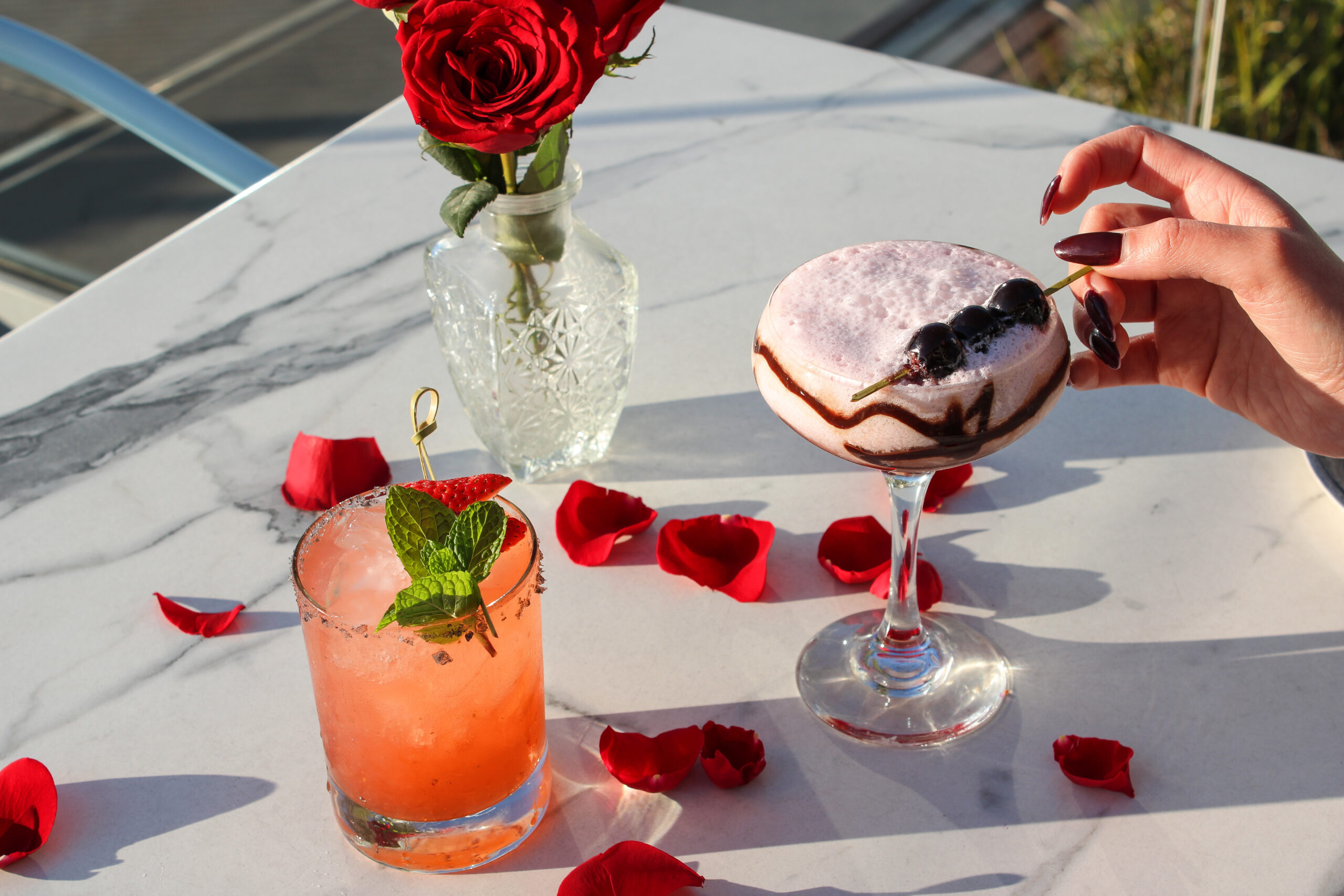 Valentine's day cocktails and drinks on a table